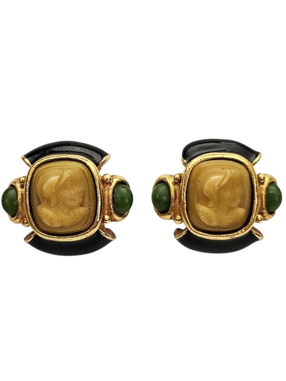 Lazaro Neo Classical Vintage Clip-On Green Cab Glass Cameo Earrings J842